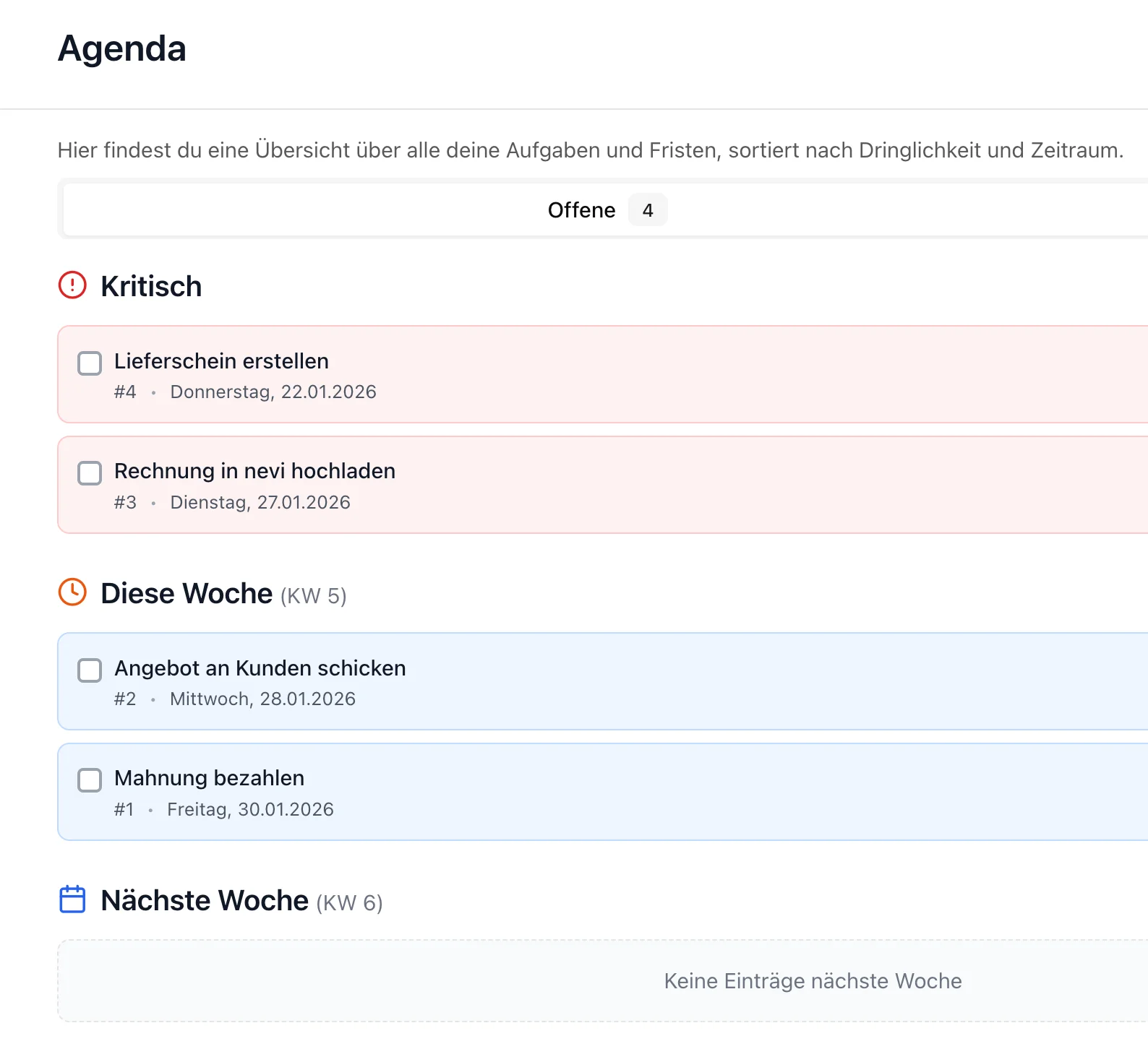 Fristen & Aufgaben → Agenda (Zeitstrahl)
